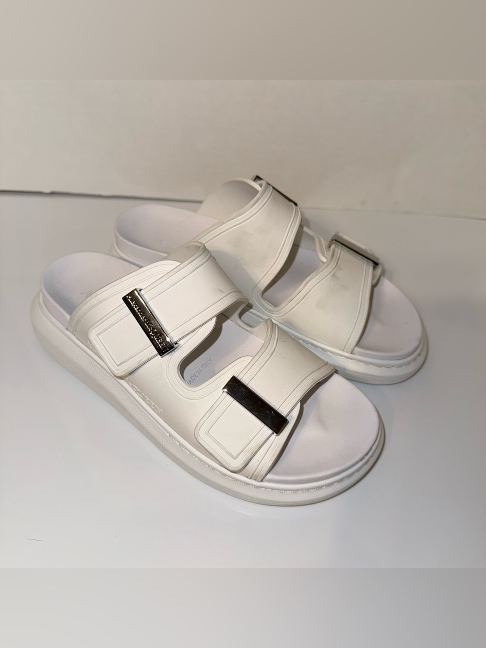 Alexander McQueen White Double-Strap Slide Sandals with Silver Buckles - Picture 2 of 6